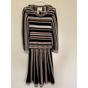 Kate Spade Pink And Black Knit Striped Long Sleeve Fit And Flare Midi Dress SZ M